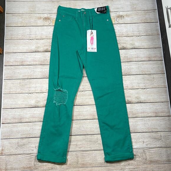 NEW Celebrity Pink Green Slim Straight Ripped Knee Denim Jeans Juniors Size 5/27 - Picture 1 of 11